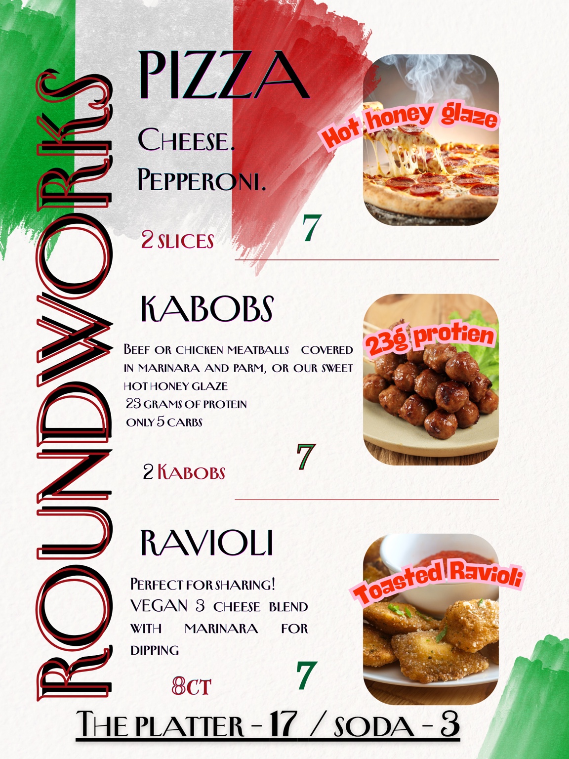 Roundworks menu poster showing pizza, meatball kabobs, and toasted ravioli